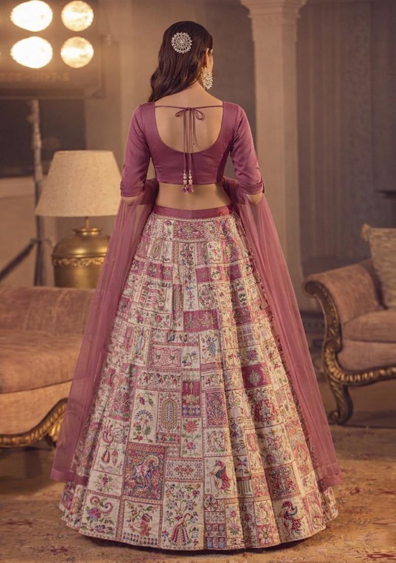 Pink Printed Crepe Lehenga Set - Indya