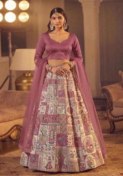 Pink Printed Crepe Lehenga Set — view on Indya