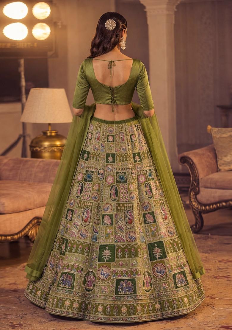 Green Printed Crepe Lehenga Set - Indya