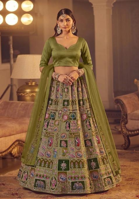 Green Printed Crepe Lehenga Set — view on Indya