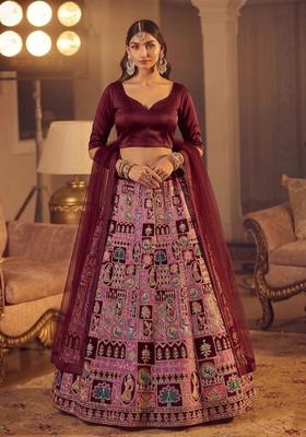 Deep Wine Printed Crepe Lehenga Set