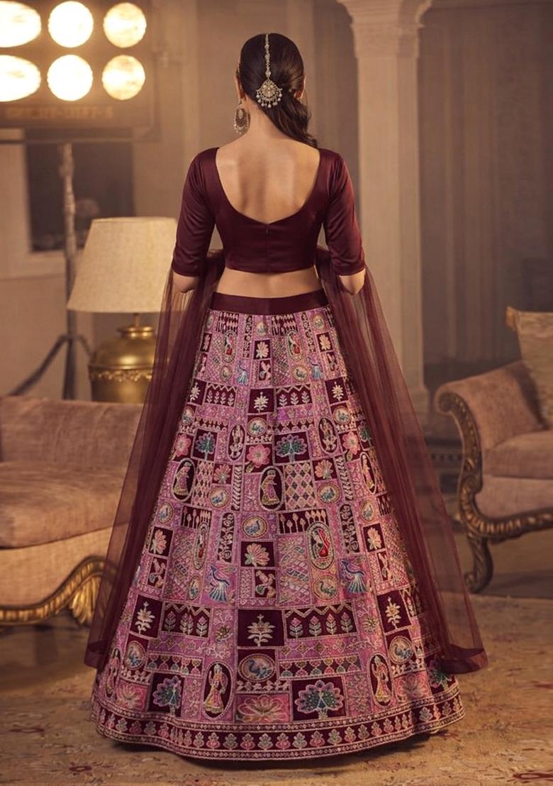 Deep Wine Printed Crepe Lehenga Set - Indya