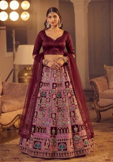 Deep Wine Printed Crepe Lehenga Set