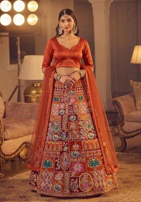 Orange Printed Crepe Lehenga Set