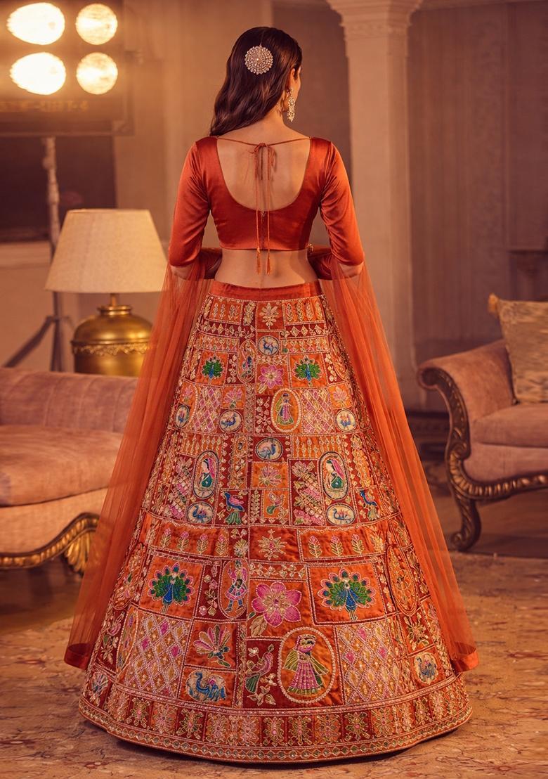 Orange Printed Crepe Lehenga Set - Indya