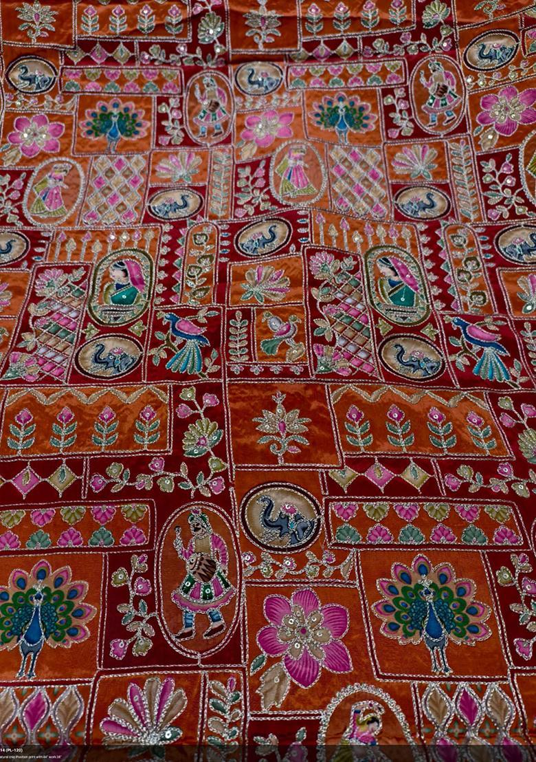 Orange Printed Crepe Lehenga Set - Indya