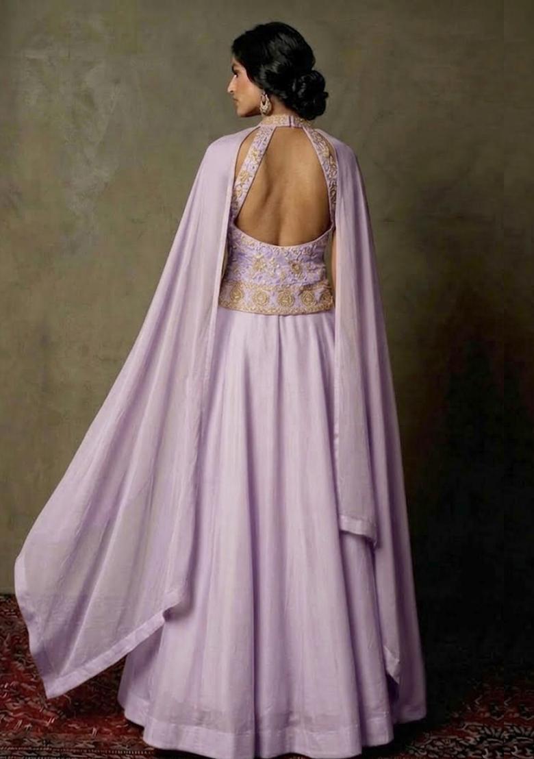 Soft Lavender Devore Velvet Lehenga Set - Indya