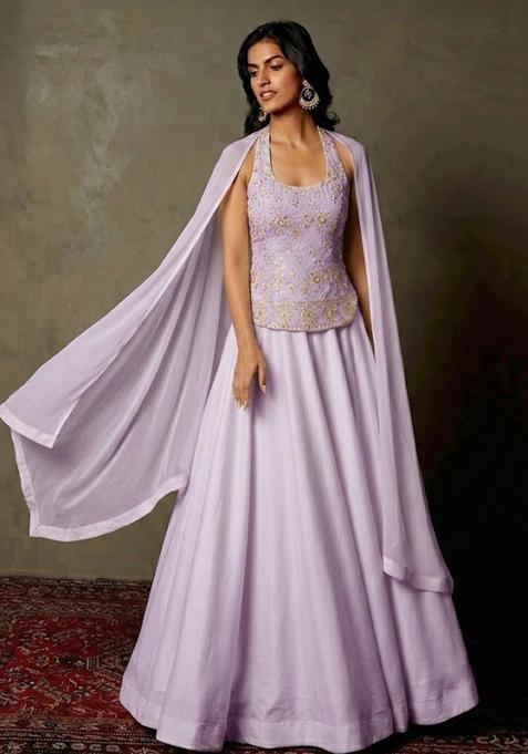 Soft Lavender Devore Velvet Lehenga Set