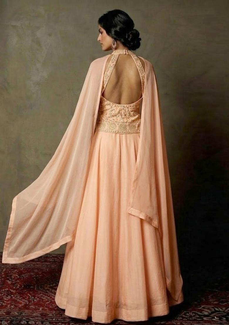 Peach Embroidered Tissue Lehenga Set - Indya