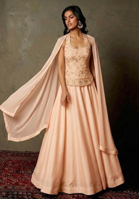 Peach Embroidered Tissue Lehenga Set