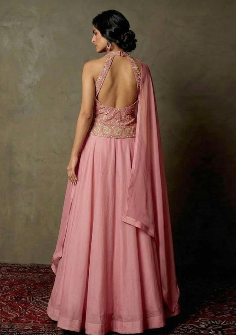 Pink Embroidered Tissue Lehenga Set - Indya
