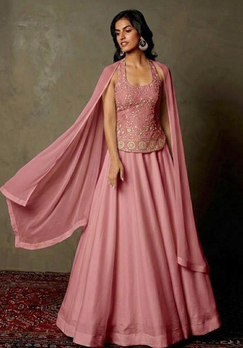 Pink Embroidered Tissue Lehenga Set
