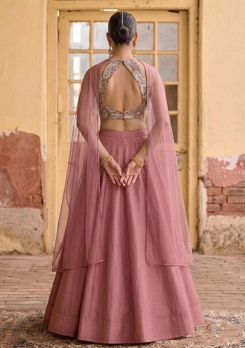 Dusty Rose Printed Crepe Lehenga Set - Indya