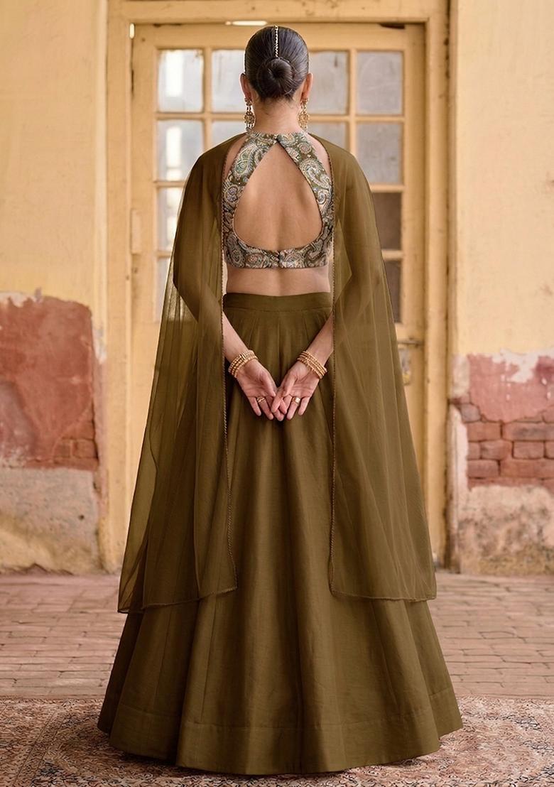 Green Embroidery Satin Lehenga Set - Indya
