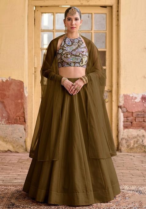 Green Embroidery Satin Lehenga Set
