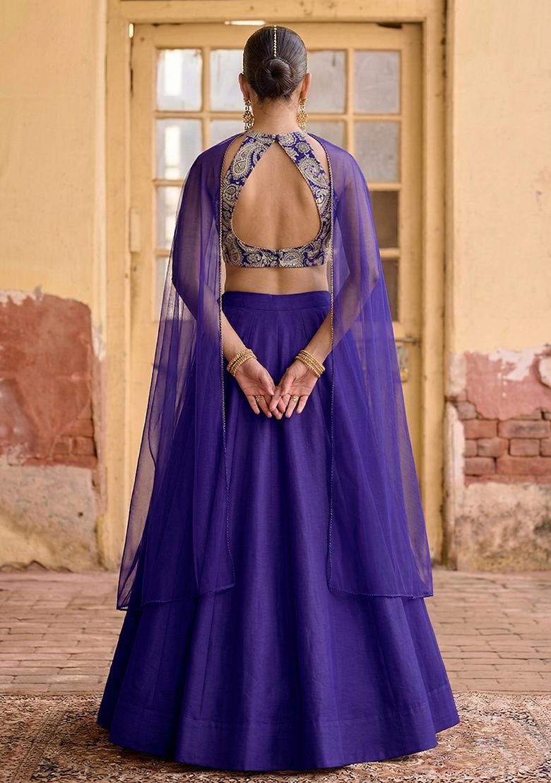 Purple Printed Crepe Lehenga Set - Indya
