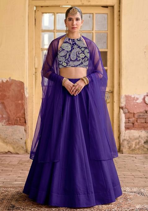 Purple Printed Crepe Lehenga Set
