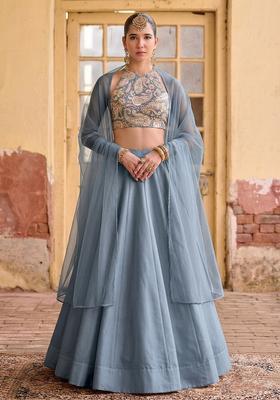 Pastel Blue Printed Crepe Lehenga Set