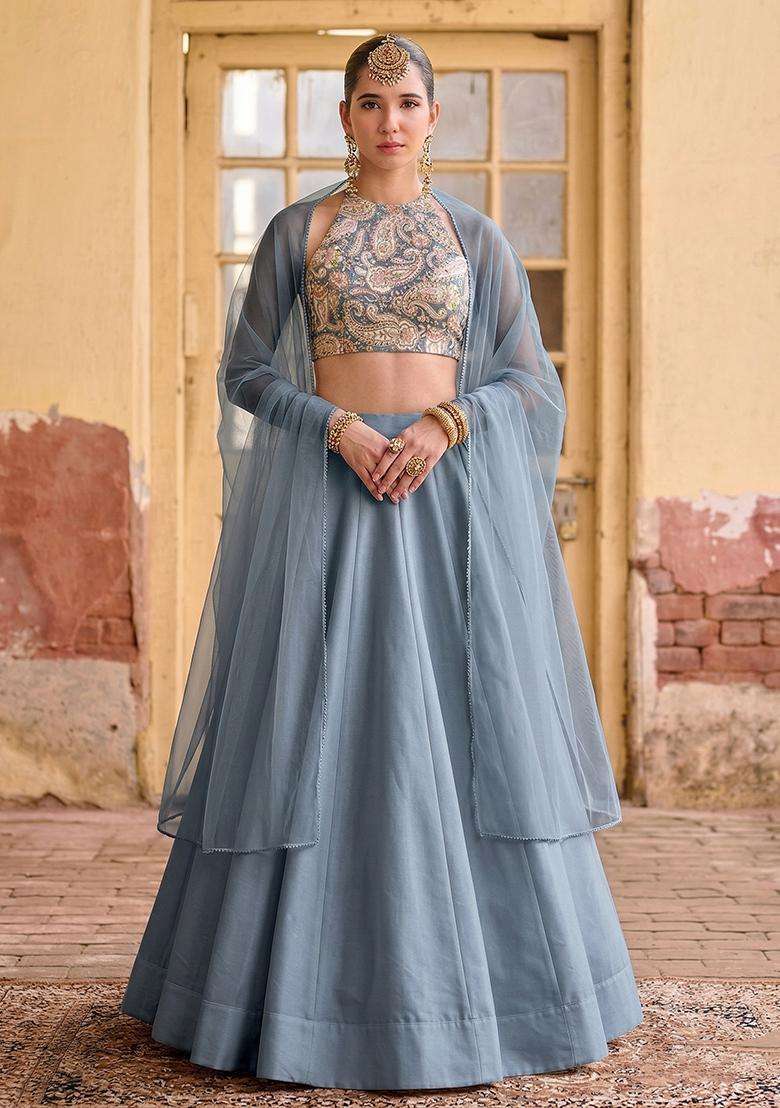 Pastel Blue Printed Crepe Lehenga Set - Indya