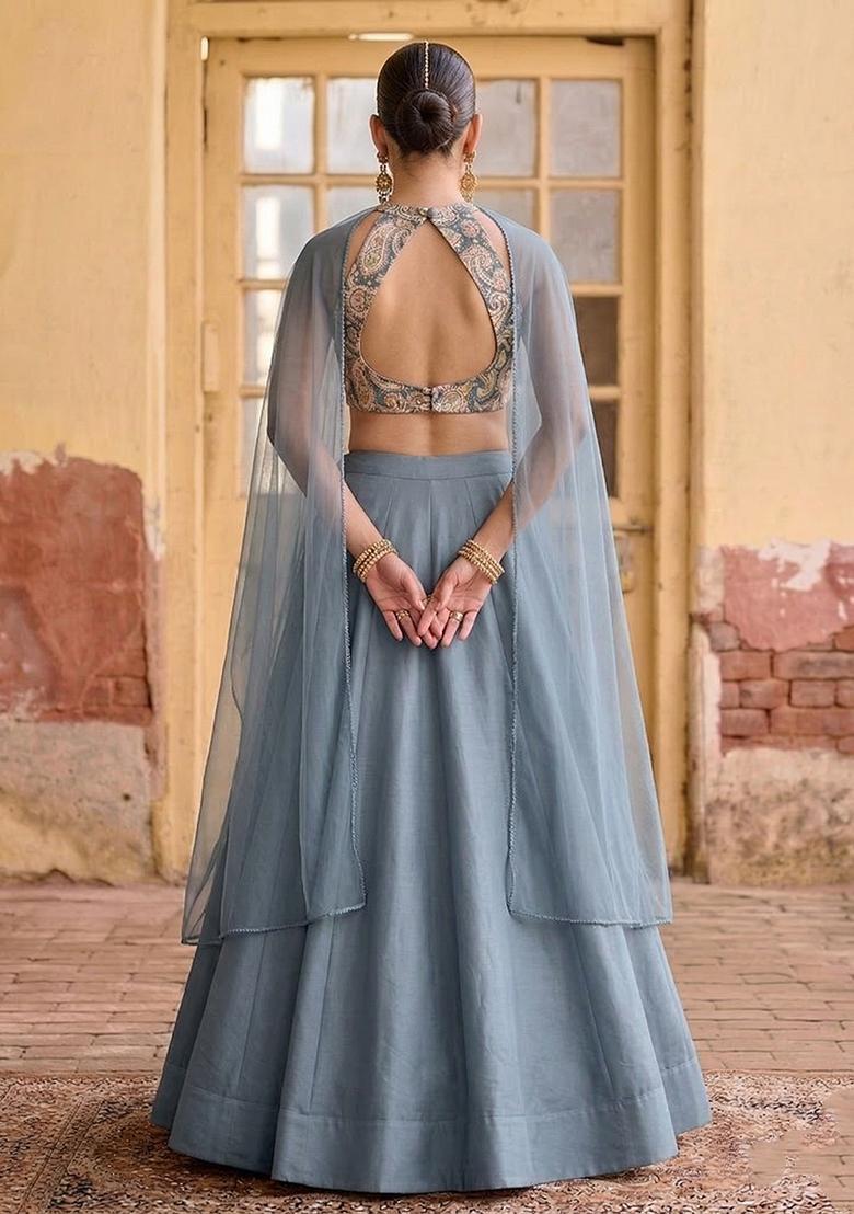 Pastel Blue Printed Crepe Lehenga Set - Indya