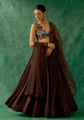 Dark Chocolate Brown Printed Crepe Lehenga Set