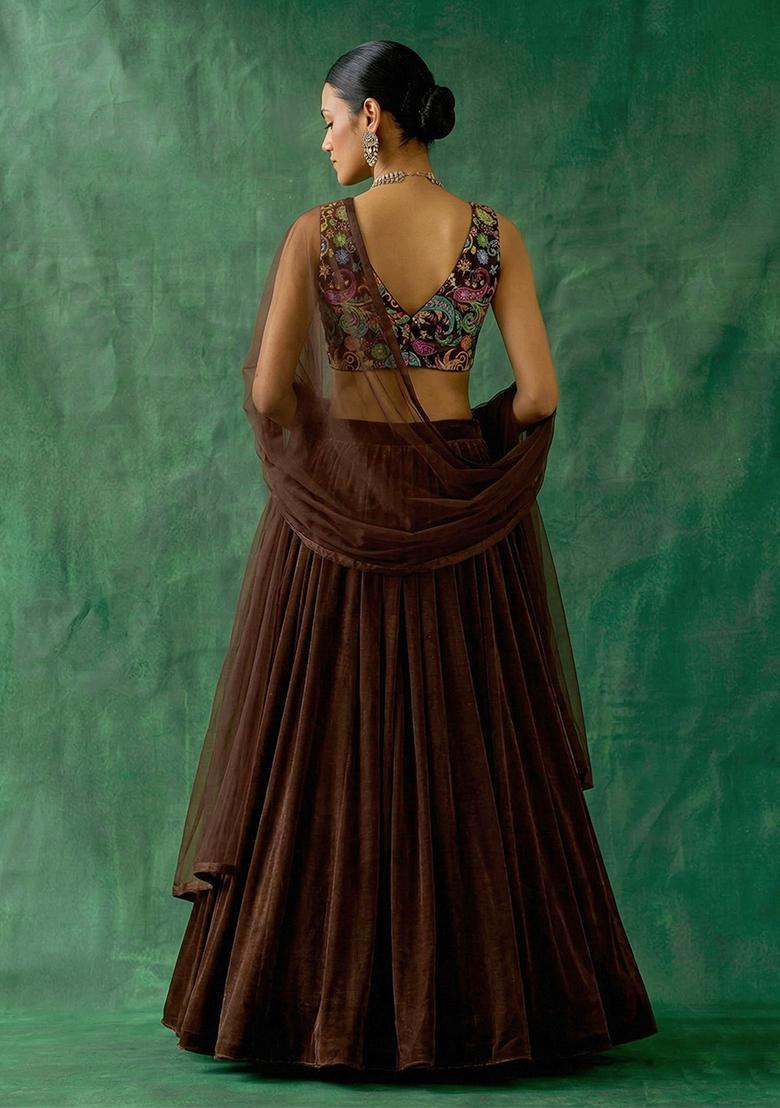 Dark Chocolate Brown Printed Crepe Lehenga Set - Indya