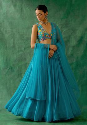 Blue Printed Crepe Lehenga Set