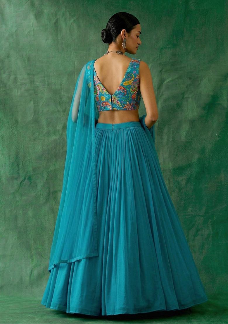 Blue Printed Crepe Lehenga Set - Indya