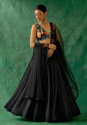 Black Printed Organza Lehenga Set