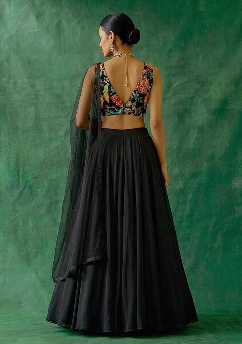 Black Printed Organza Lehenga Set - Indya