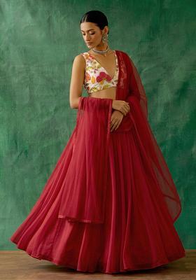 Red Printed Organza Lehenga Set