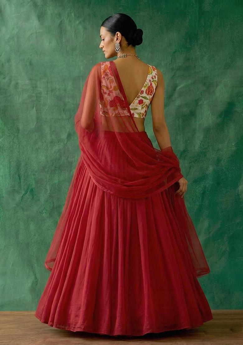 Red Printed Organza Lehenga Set - Indya