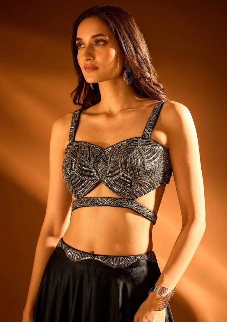 Jet Black Embroidered Handwork Lehenga Set - Indya