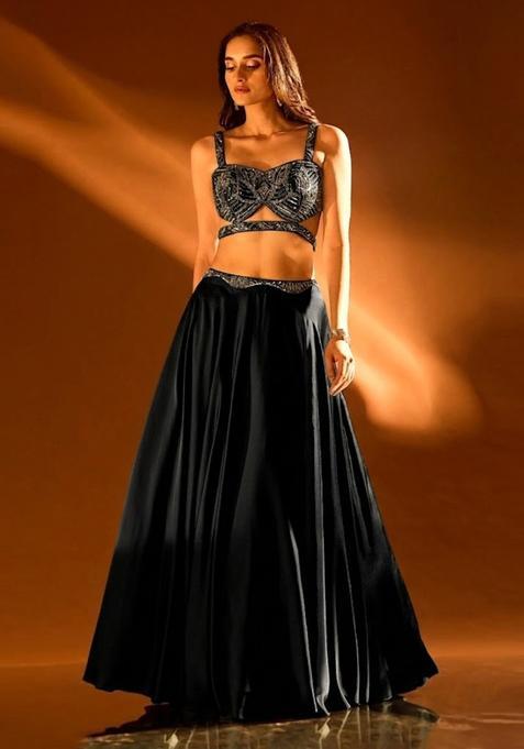 Jet Black Embroidered Handwork Lehenga Set