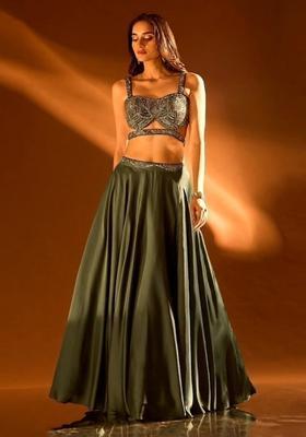 Green Embroidered Handwork Lehenga Set