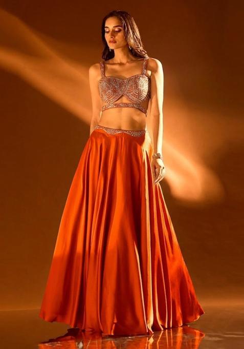 Orange Embroidered Handwork Lehenga Set