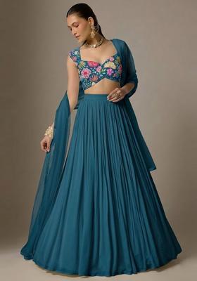 Teal Blue Printed Chinon Lehenga Set