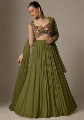 Olive Green Printed Chinon Lehenga Set
