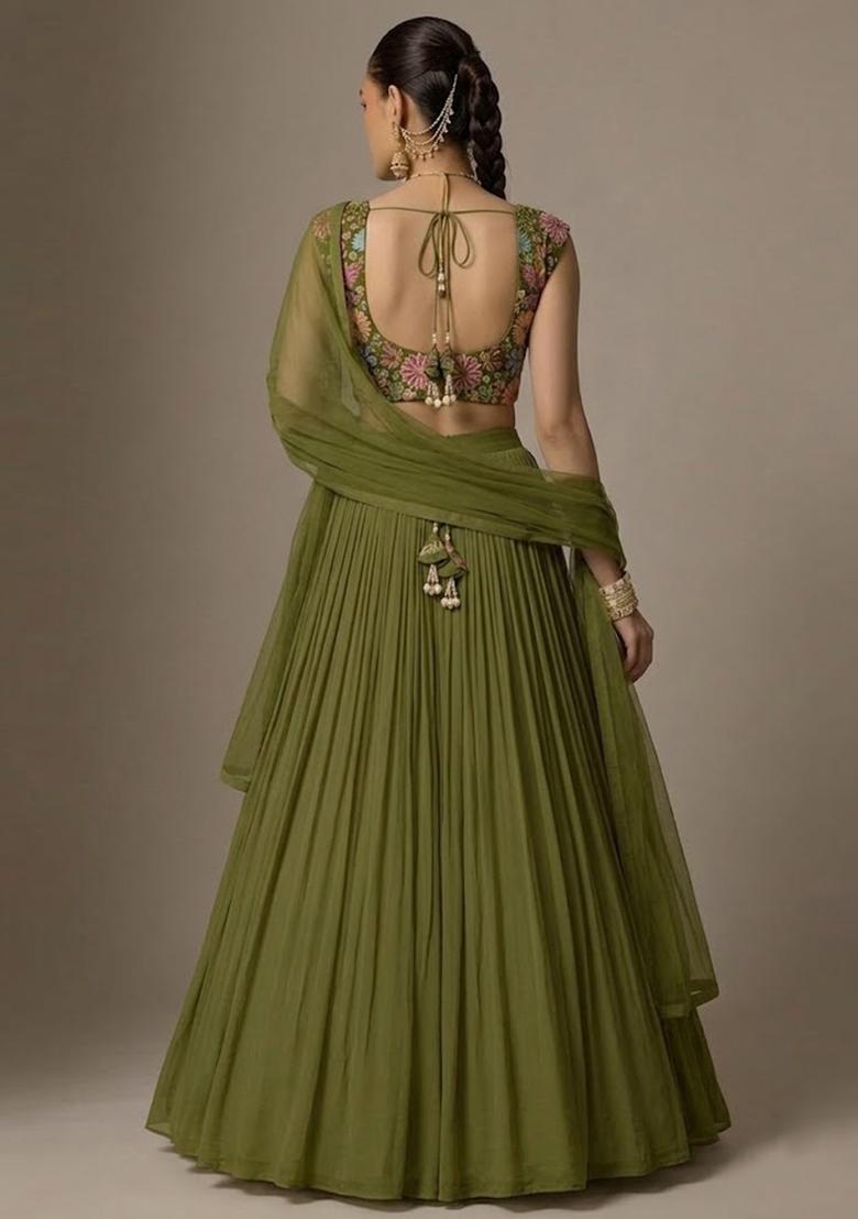 Olive Green Printed Chinon Lehenga Set - Indya