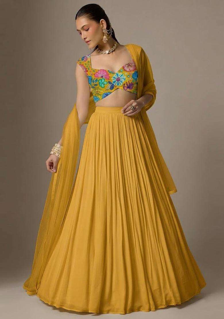 Yellow Chinon Lehenga Set with Printed for Diwali | Wedding & Festive Wear - Indya