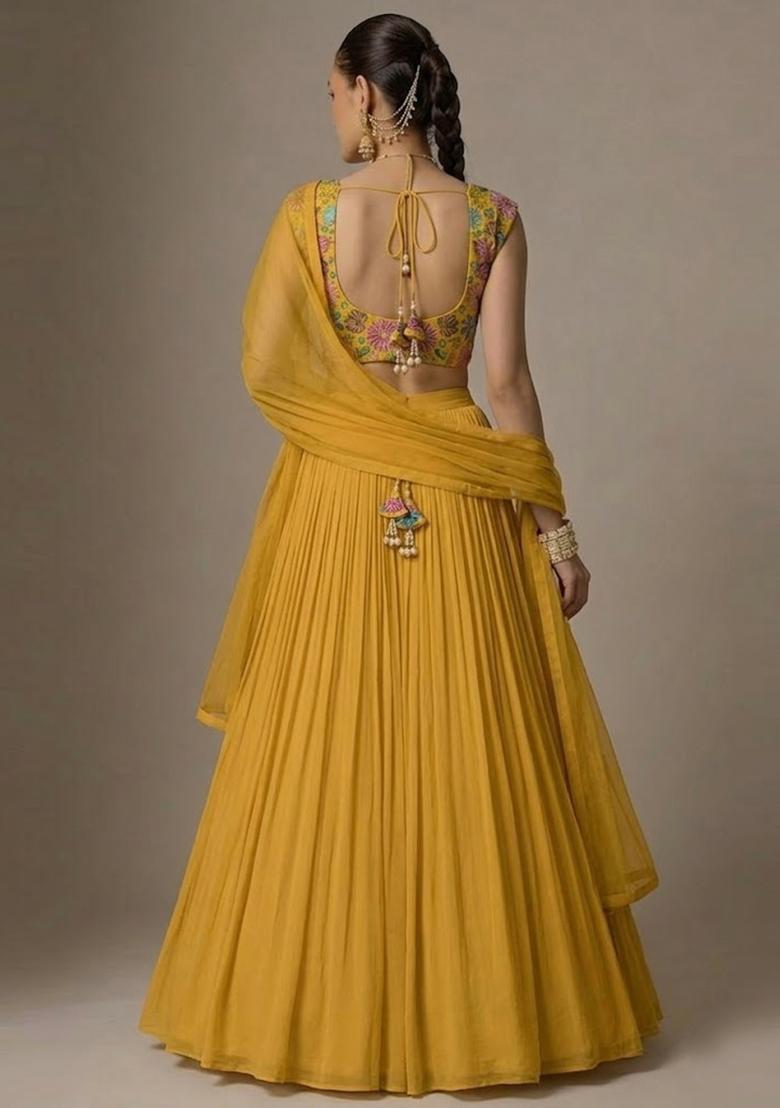 Yellow Printed Chinon Lehenga Set - Indya