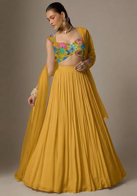 Yellow Printed Chinon Lehenga Set
