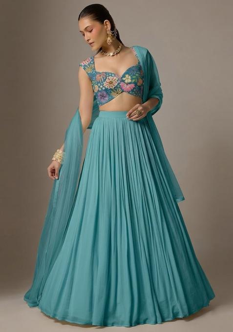Blue Printed Chinon Lehenga Set