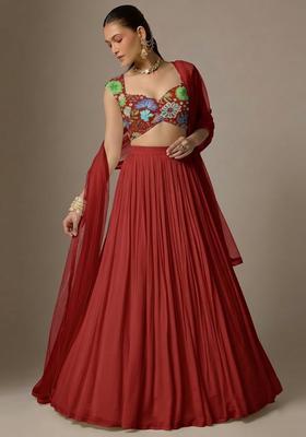 Deep Red Printed Chinon Lehenga Set