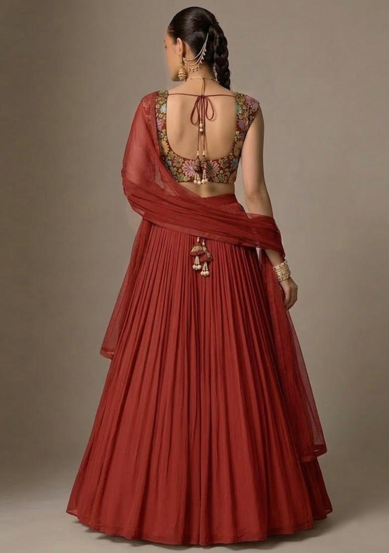 Deep Red Printed Chinon Lehenga Set - Indya