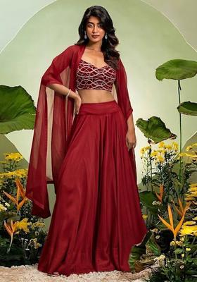 Maroon Embroidered Georgette Lehenga Set
