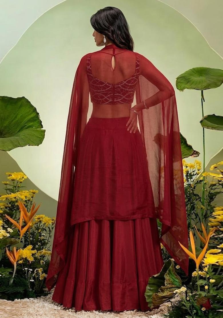 Maroon Embroidered Georgette Lehenga Set - Indya