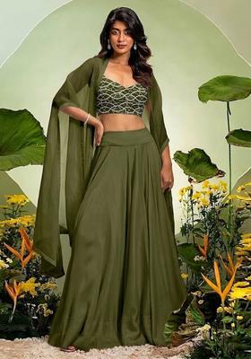 Forest Green Embroidered Georgette Lehenga Set
