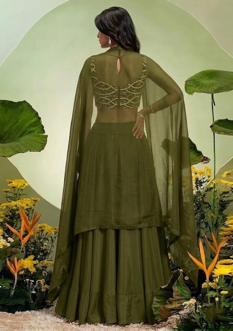 Forest Green Embroidered Georgette Lehenga Set - Indya
