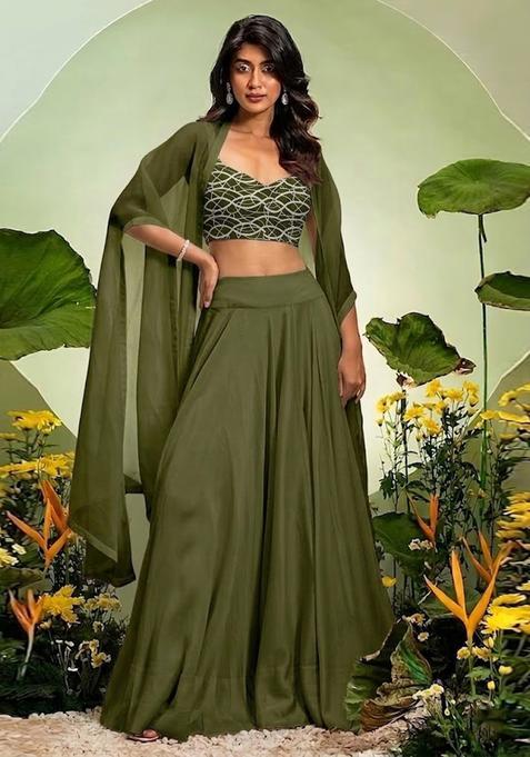 Forest Green Embroidered Georgette Lehenga Set